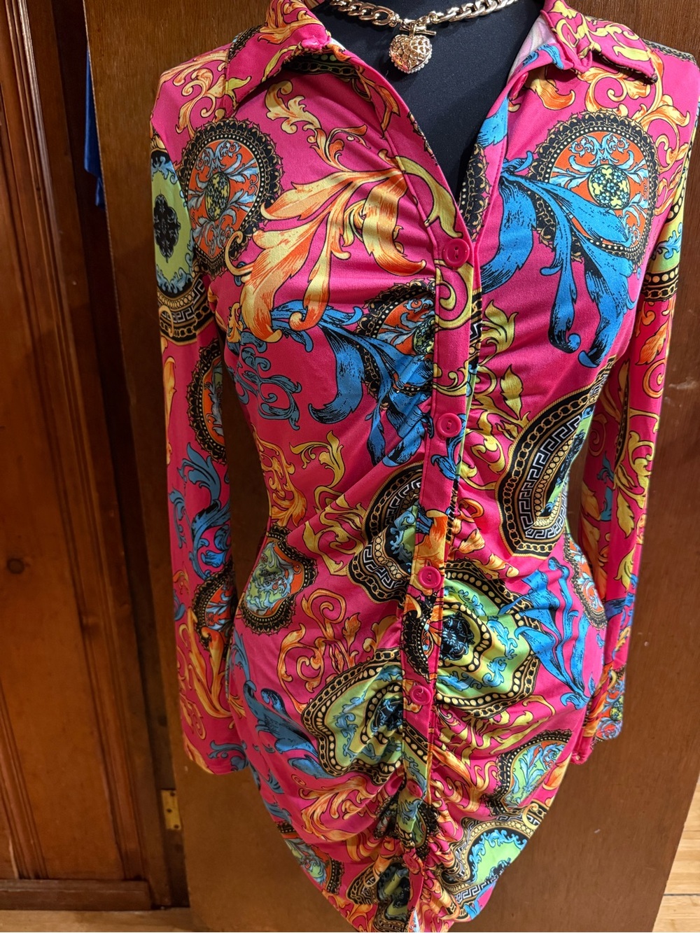 Vibrant Pink Baroque Ruched Button-Front Dress New sz XL